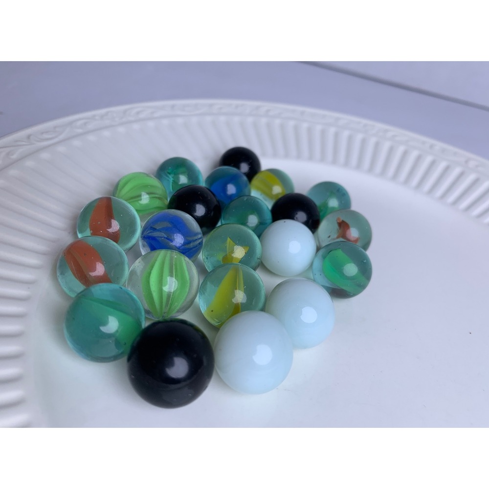 Vintage Glass Marble Lot Cats Eye Swirl Solid Mixed Colors 22 Count Assortment
